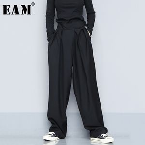[EAM] 높은 허리 블랙 짧은 주름을 짧은 넓은 다리 바지 새로운 느슨한 맞는 바지 여성 패션 조류 봄 가을 1S399 201006