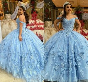 Mütevazı 3D Çiçek Dantel Çiçekler Quinceanera Elbiseler Balyaviler Prenses Kapalı Omuz İnciler Aplike Tül Tatlı 16 Elbise Mexcian Pageant Kıyafeti