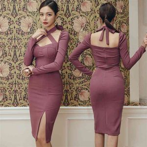 Sexy tight korean ladies long Sleeve V neck office Midi nightclub Party Dress for women china clothing 210602