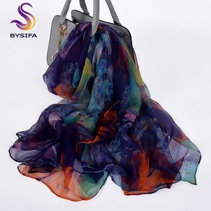 [Bysifa] senhoras lenço de seda xale novo lenço longo lenços moda marca lenços elegante roxo azul pescoço lenço de praia encobertas de xale q0828