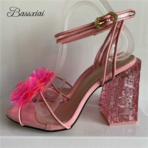 Handmade Jelly Flower Ankle Strappy Sandals Women Jeweled Crystal High Heels Open Toe PVC Candy Color Rhinestone Summer Shoes Y0714