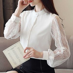 Blusa feminina Fashion Women shirt Patchwork Lace Chiffon blouse Lantern sleeve OL lace Tops White shirt 5990 50 210528