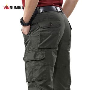 Letni Mężczyźni Wysokiej Jakości 100% Bawełna Army Multi-Pocket Cienki Kombinezon Pant Man Wiosna Jesień Dorywczo Khaki Cargo Długie Spodnie 210715