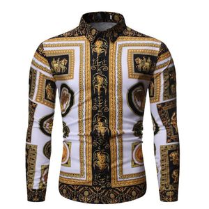 Herren-Freizeithemden, modisches Herren-Hemd mit Barock-Blumenmuster und königlichem Langarm-Aufdruck, Designer-Kleid, schickes, schlankes, soziales Goldhemd