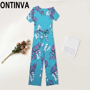 Kvinnor Sexig En Bare Axel Jumpsuits Green Print Boho Beach Vacation Holiday Lång Loose Casual Overaller med Sashes Rompers 210527