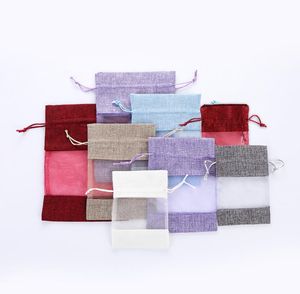 Klares Fenster Jute-Geschenkbeutel Sackleinen Partybevorzugungssack Tasche Leinen Beutel mit Kordelzug Organza Schmuck Geschenke Süßigkeitentüten SN3319