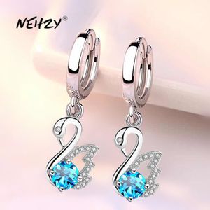 Brincos de aro de cisne 925 Sterling prata feminina moda jóias azul branco cristal zircão longa borla