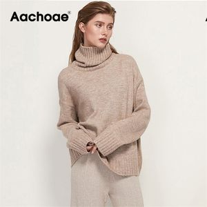 Aachoae Autumn Winter Women Sticked Turtleneck Cashmere Sweater Casual Basic Pullover Jumper Batwing Long Sleeve Loose Tops 210917