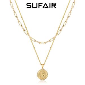 Kedjor Sufair Vintage Multi Layered Necklace For Women 14K Gold Filled PaperClip Chain Initial Pendant Coin Böhmen smycken