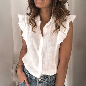 Ruffled Sleeveless Button Turn Down Collar Shirt Women Summer Solid Color Casual Office Cardigan Blouse Female Tops 210608