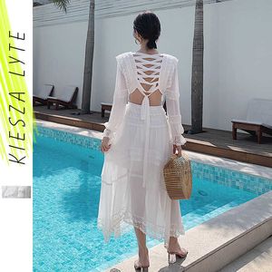 Women Summer Dress Sexy Chiffon Long Sleeve Hollow out Bandage Back Ruched White Fairy Ladies Fashion Beach Holiday Dresses 210608