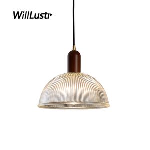 Modern Ribbed Glass Pendant Lamp Creative Wood Head Suspension Light Hotel Cafe Bar Living Dining Sovrum Japan Style Lighting