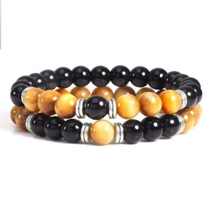 2 pçs / set homens tigre pernas de olho braceletes moda natural pedra negra onyx strand pulseira pulseira para mulheres yoga jóias pulseira