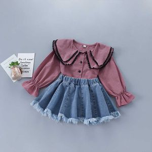 2-7 anni set di abbigliamento per ragazza di alta qualità moda autunnale camicia rossa verde tinta unita + gonna in denim per bambini 210615