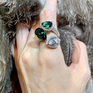 Moda três pedras anel de dedo gota de água esmeralda cz esterlina sier festa de casamento anéis de banda para mulheres promessa aniversário jóias