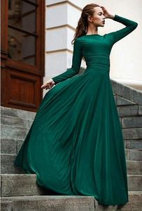 Green Cheap Dark Evening Dresses with Long Sleeves Simple Chiffon Jewel Neck Floor Length Custom Made Prom Party Gowns Formal Vestido