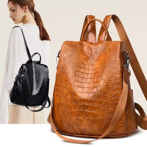 Padrão de crocodilo vintage mochilas luxo mulheres couro anti roubo mochila feminina grande capacidade multifuncional design backbag q0528