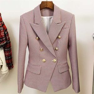 Yüksek Street EST Tasarımcı Ceket kadın Klasik Metal Düğmeler Kruvaze İnce Uydurma Houndstooth Blazer 211122