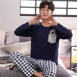 Sping outono de malha pijama de algodão conjuntos homens casual manga longa cão bonito impressão bolso calças xadrez calças sleepwear terno pejama homewear 210901