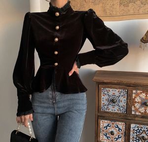 New design women's retro stand collar velvet fabric patched lace lantern long sleeve slim waist ruffles blouse shirt tops SM