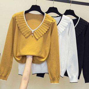 Spring Autumn Women's Sweaters V-Neck Minimalist Tops Fashion Korean Style Knitting Solid Thin Pullover Black White Yellow 210604