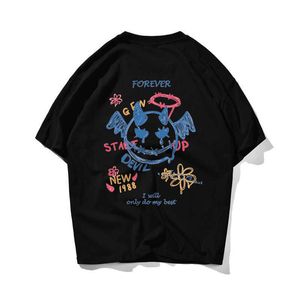 Oversized Hip Hop Streetwear Harajuku Koszulka Mężczyźni Ręcznie Malowane Devil T Shirt Koszulka z krótkim rękawem Tshirt bawełniane luźne topy trójniki 210603