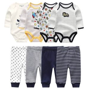 4pcs Bodysuits+4pcs Baby Pants Newborn Clothes Sets 2021 Winter Cotton Suits girls boys Custome Roupa de bebe Clothing 210309