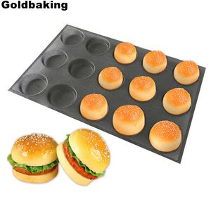 Goldbaking Silicone Bun Bread Forms Non Stick Baking Sheets Perforated Hamburger Molds Muffin Pan Tray 210702