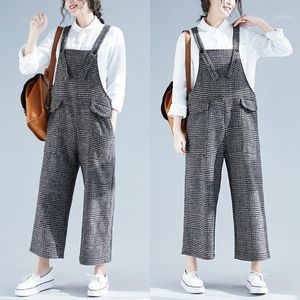 Frauen Overall-spielanzug Frühling Sommer Frauen Lose Volle Länge Breite Bein Plaid Plus Größe Wilde Weibliche Overralls Mode