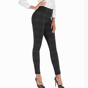 女性のスキニーパンツ秋のファッション弾性の高いハイウエストの格子縞と黒の伸縮素材現代の女性長い鉛筆パンツ210602