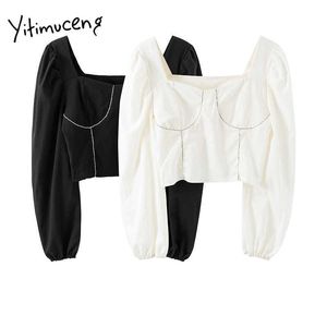 Yitimuceng Bluzka Kobiety Haftowane Flary Koszule Z Długim Rękawem Square Collar Czarne białe ubrania Wiosna Letnia Moda 210601