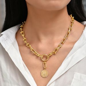 Vintage guld färg metall mynt kedja choker halsband för kvinnor mode porträtt chunky du form kedja lås halsband smycken gåvor