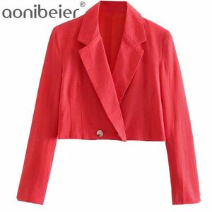 Summer Red Women Cropped Blazers Fashion Notched Collar Double Breasted Long Sleeve Casual Suit Jacket Female Tops 210604