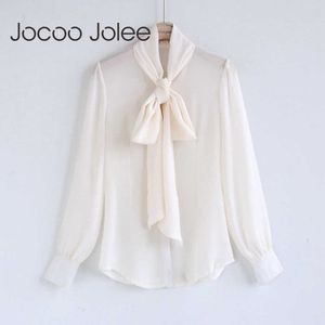 Jocoo Jolee moda szyfonowa bluzka bluzka długie rękawowe swobodne muszki głębokie krawatowe szyi koronki do góry