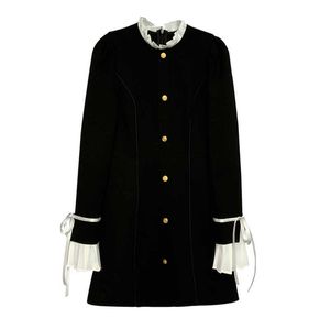 PERHAPS U Black Long Sleeve Mini Dress Winter Solid Button Elegant A-Line Elegant Chic Plus Size D3084 210529