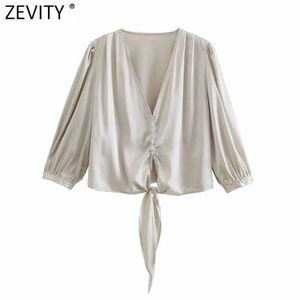 Zevity WomenファッションVネック裾の蝶ネクタイスモックブラウス女性パフスリーブシックサテンシャツビジネスフェミニナストップスLS9003 210603