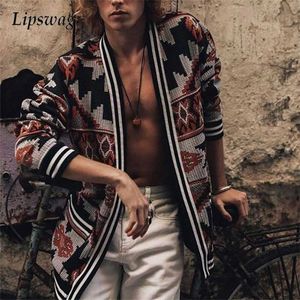 Casual Mens Cardigan Tops Outono de Manga Longa Projeto De Bolso Outerwear Padrão Vintage Imprimir Casaco Slim Casacos Homens Streetwear 211214