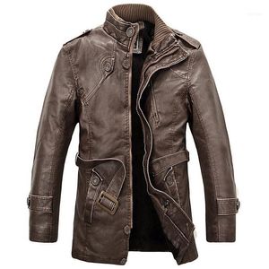 Giacche da uomo All'ingrosso- Giacca in pelle PU Uomo Lungo collo in lana Cappotti Cappotto moto Trench Parka Jaqueta De Couro1