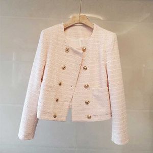 Runway Vintage Stylish Golden Double-Breasted Frayed Tweed Jacket Coat Women's Ladies Outerwear Casual Casaco Femme 210529