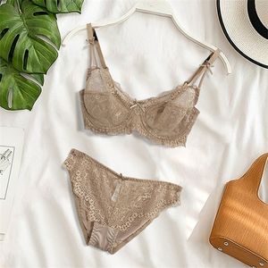 Lace Bra Women Young Girl Ultra Thin Underwear Set Romantic Summer Transparent Bra and Panty Set Lingerie Intimates Cup A to D X0526