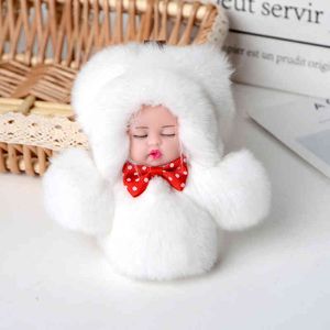 Moda ReX Rex Coelho Peles dormindo Bebê Brinquedo Keychain Mulheres Encantos Fluffy Pompom Boneca Festa de Bolsa de Trinket Pingente