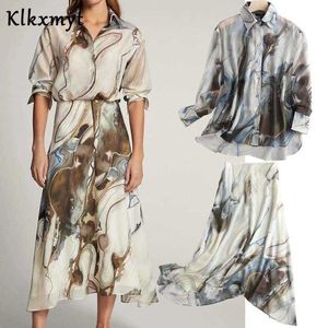 Klkxmyt two pieces set women england office lady vintage watercolor print blouse blusas midi long skirt 2 210527