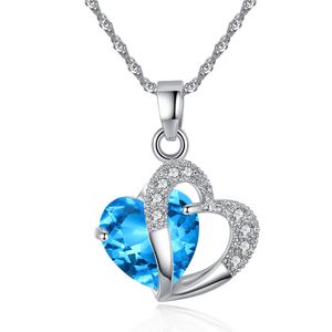 Women Girls Silver Plated Necklace & Pendant Blue Zircon Double Hearts Crystal Gemstone Amethyst Lover Gift