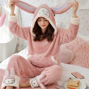 Pajamas women autumn and winter coral Plush thickened Plush flannel housewear warm Lovely Rabbit Plush suit 211112