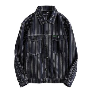 Мужские повседневные рубашки японские хараджуку контрастная стежка полосатая джинсовая куртка для мужчин городской мужской уличной одежды на пуговицах вышива