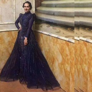 Navy Beaded Sequined Evening Dresses Luxury High Neck Long Sleeve Organza Robe De Mariée With Detachable Train Formal Prom Gowns