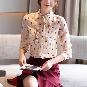 韓国の女性のブラウス長袖シャツの女性シフォントップスプラスサイズのポリカドットシャツトッププリントレディース210531