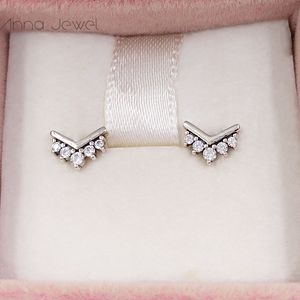 Authentic 925 Sterling Silver Pandora Tiara Wishbone Stud Earrings luxury for women men girl Valentine day birthday gift 298274CZ