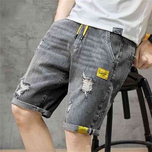 Sommarstrand Casual Men Shorts Straight Ripped Knee Längd Denim Drawstring Loose Hole Male Short Jeans 210716