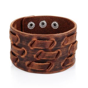 Fashion Genuine Leather Bracelet for Men Brown Wide Cuff Bracelets & Bangle Wristband Vintage Punk Male Jewelry Gift